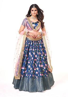Blue Printed Poly Blend Lehenga Set