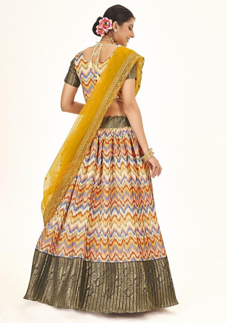 Yellow Printed Poly Blend Lehenga Set
