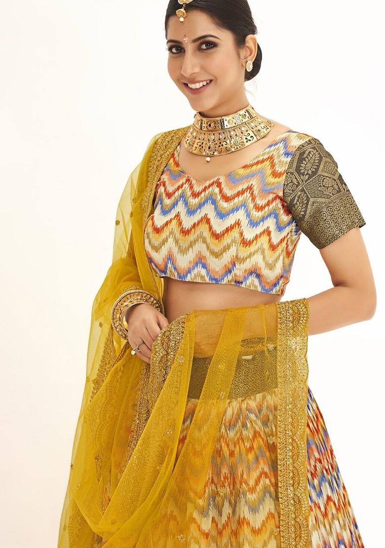 Yellow Printed Poly Blend Lehenga Set