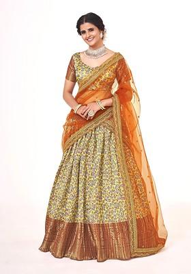 Yellow Floral Print Poly Blend Lehenga Set