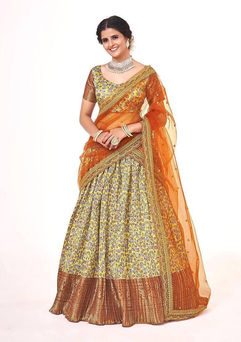 Yellow Floral Print Poly Blend Lehenga Set
