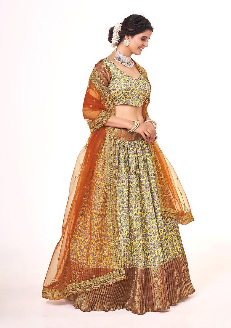 Yellow Floral Print Poly Blend Lehenga Set