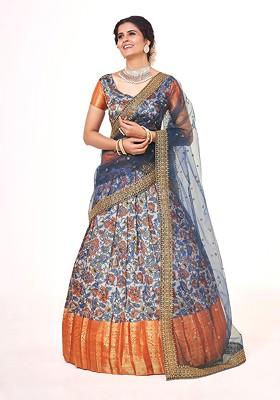 Grey Printed Poly Blend Lehenga Set