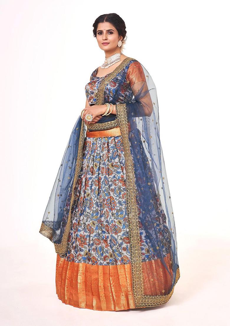 Grey Printed Poly Blend Lehenga Set