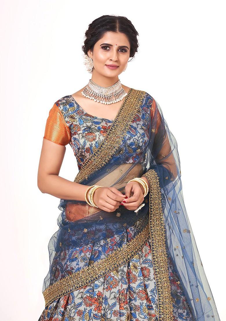 Grey Printed Poly Blend Lehenga Set