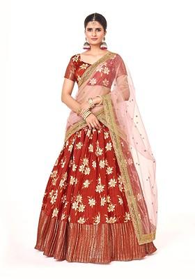 Red Printed Poly Blend Lehenga Set