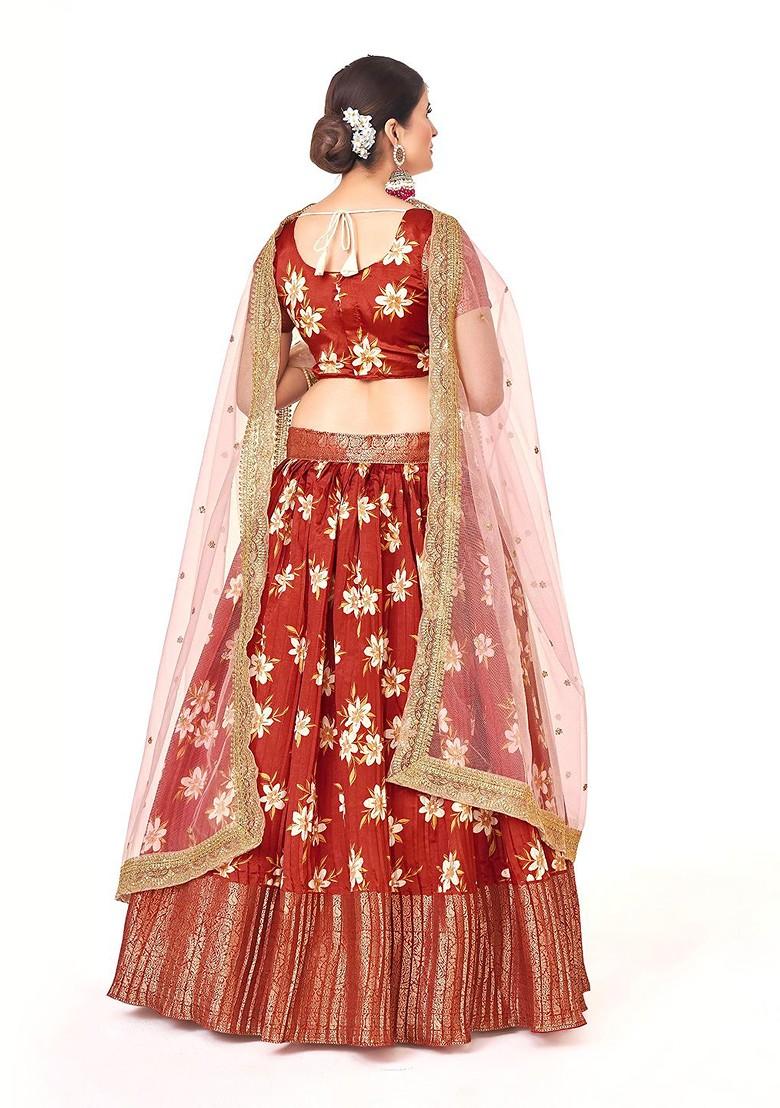 Red Printed Poly Blend Lehenga Set
