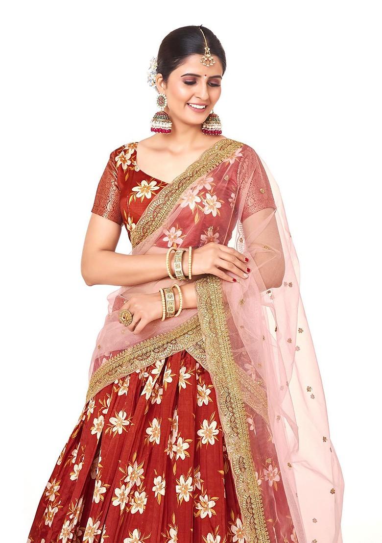 Red Printed Poly Blend Lehenga Set