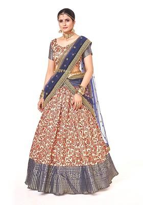 Peach Printed Poly Blend Lehenga Set