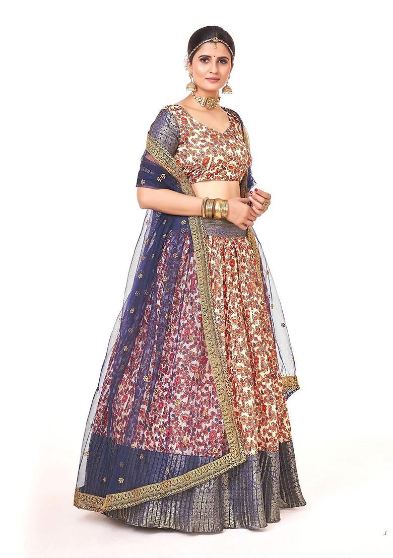 Peach Printed Poly Blend Lehenga Set
