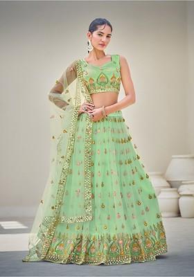 Green Sequin Embroidered Poly Blend Lehenga Set
