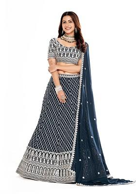 Navy Blue Sequin Embroidered Poly Blend Lehenga Set