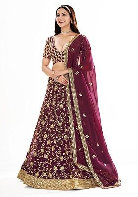 Purple Thread Embroidered Poly Blend Lehenga Set