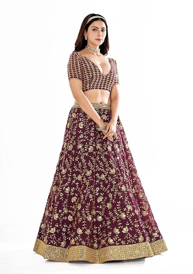 Purple Thread Embroidered Poly Blend Lehenga Set