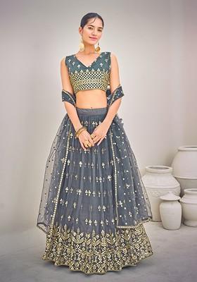 Grey Embroidered Poly Blend Lehenga Set