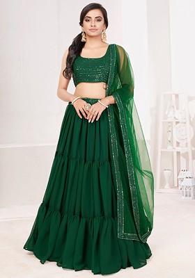 Green Sequin Embroidered Poly Blend Lehenga Set