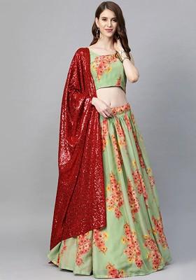 Green Printed Poly Blend Lehenga Set