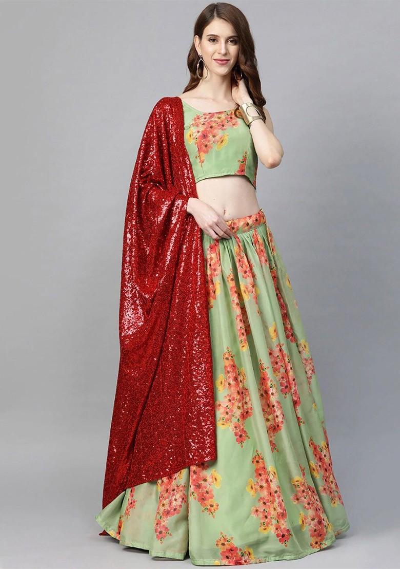 Green Printed Poly Blend Lehenga Set