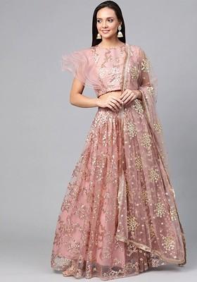 Pink Sequin Embroidered Poly Blend Lehenga Set