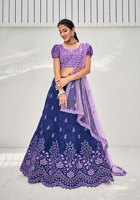 Blue Embroidered Poly Blend Lehenga Set