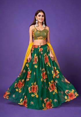 Green Embellished Poly Blend Lehenga Set