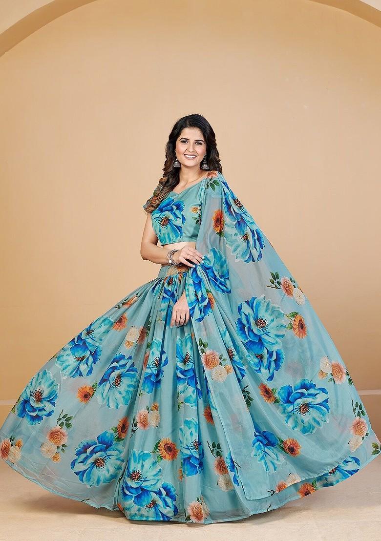 Turquoise Blue Printed Poly Blend Lehenga Set