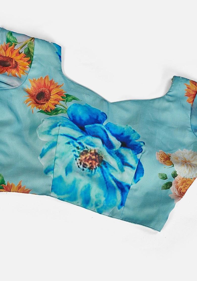 Turquoise Blue Printed Poly Blend Lehenga Set