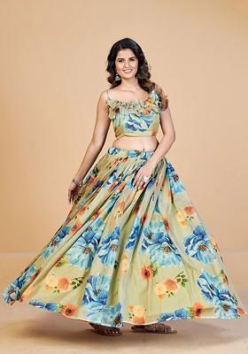 Sea Green Printed Poly Blend Lehenga Set