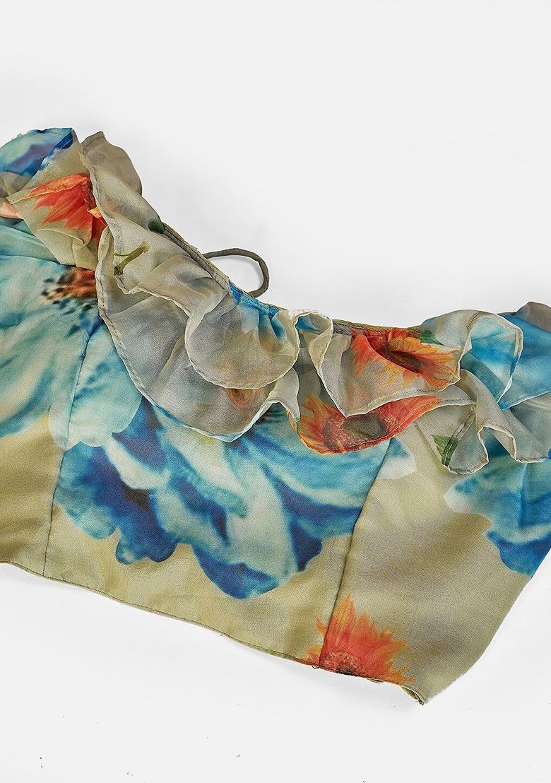 Sea Green Printed Poly Blend Lehenga Set