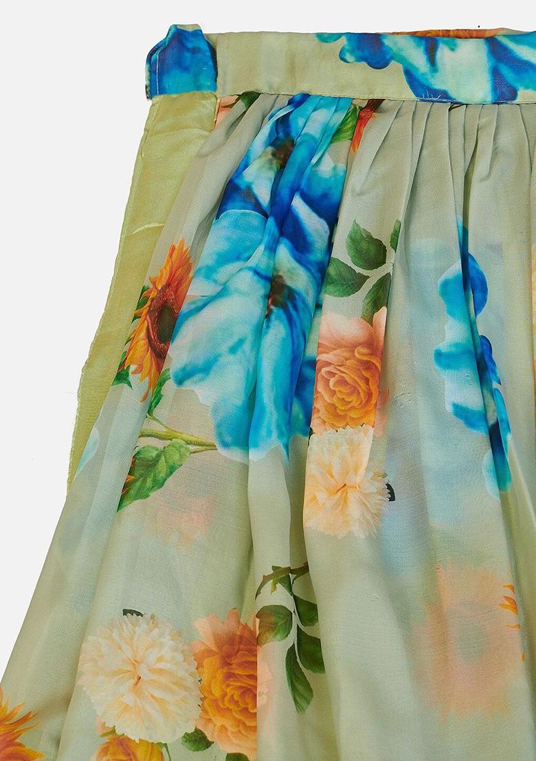 Sea Green Printed Poly Blend Lehenga Set