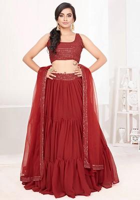 Red Embellished Poly Blend Lehenga Set