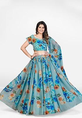 Turquoise Blue Printed Poly Blend Lehenga Set