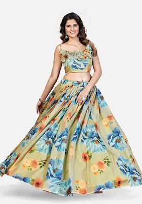 Sea Green Printed Poly Blend Lehenga Set