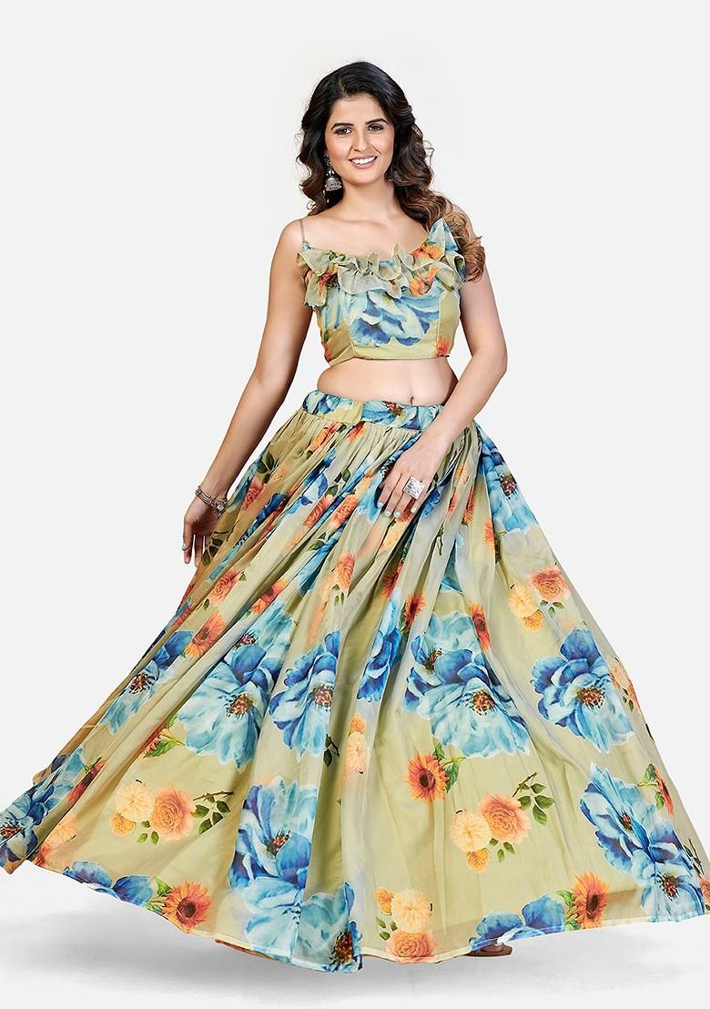 Sea Green Printed Poly Blend Lehenga Set