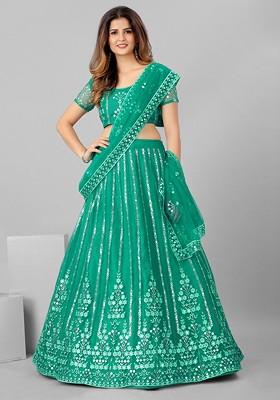 Sea Green Embroidered Poly Blend Lehenga Set