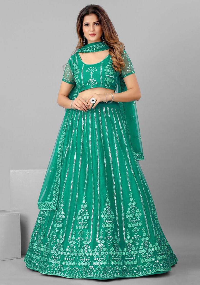 Sea Green Embroidered Poly Blend Lehenga Set