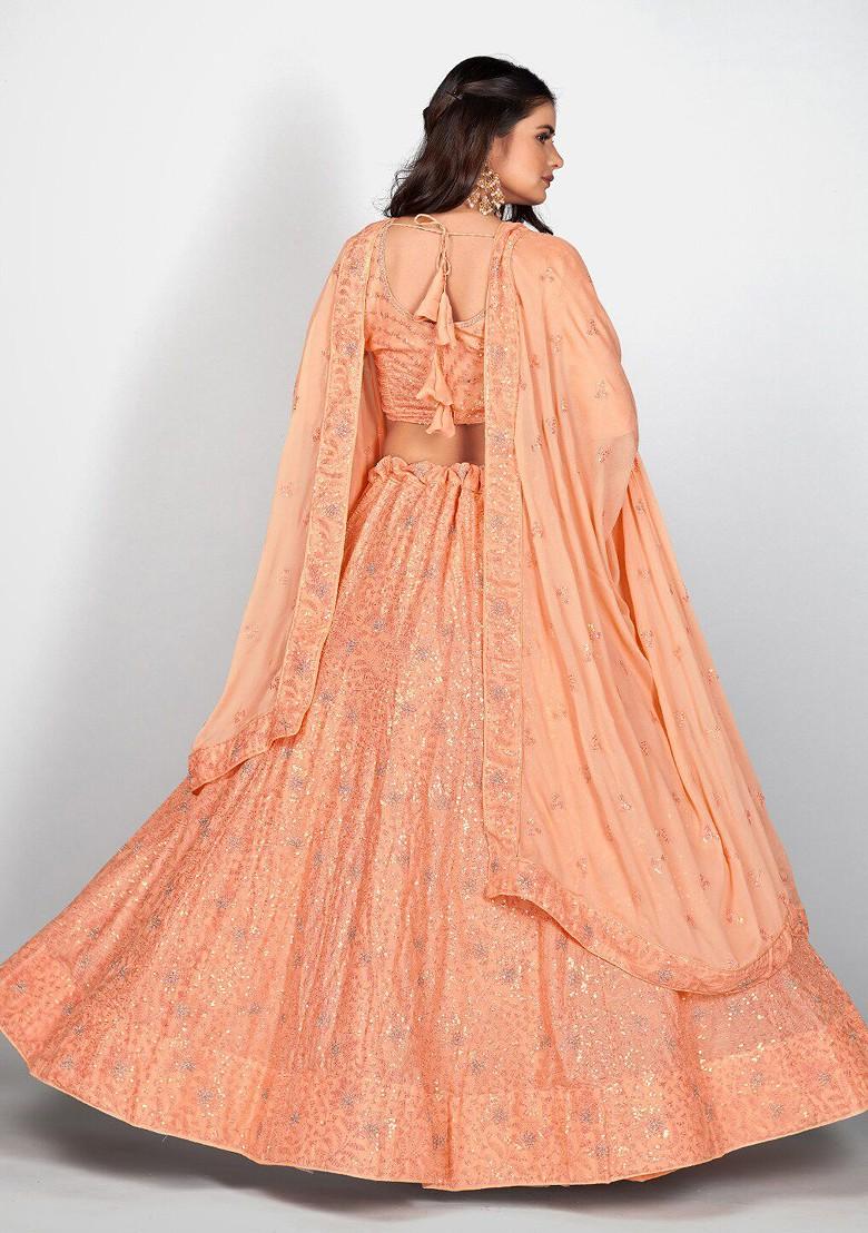 Orange Embroidered Poly Blend Lehenga Set