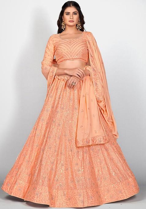Orange Embroidered Poly Blend Lehenga Set