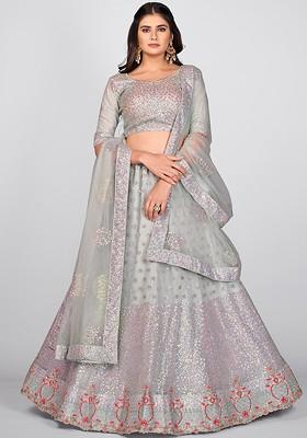 Grey Sequin Embroidered Poly Blend Lehenga Set