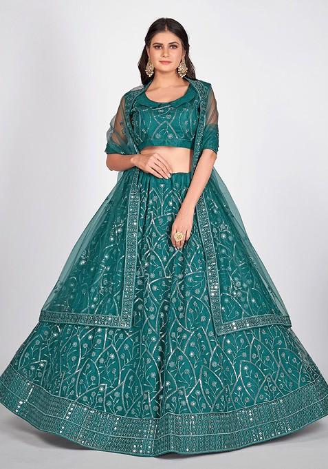 Teal Embroidered Poly Blend Lehenga Set