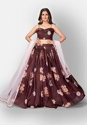 Brown Printed Poly Blend Lehenga Set