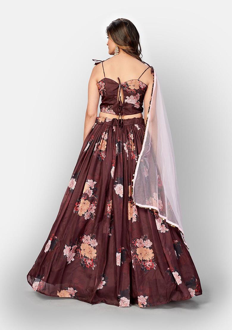 Brown Printed Poly Blend Lehenga Set