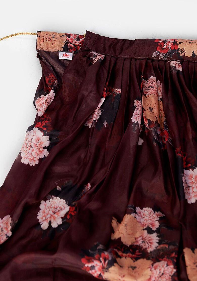 Brown Printed Poly Blend Lehenga Set
