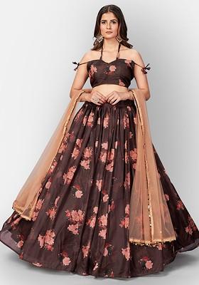 Brown Printed Poly Blend Lehenga Set