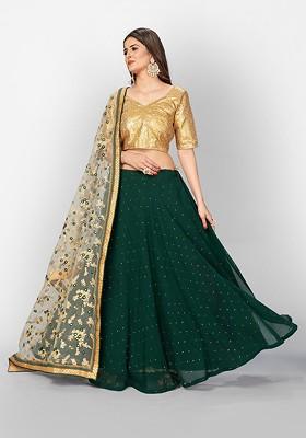 Green Sequin Embroidered Poly Blend Lehenga Set