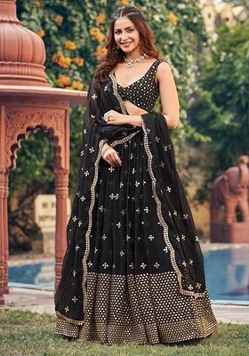Black Sequin Embroidered Poly Blend Lehenga Set