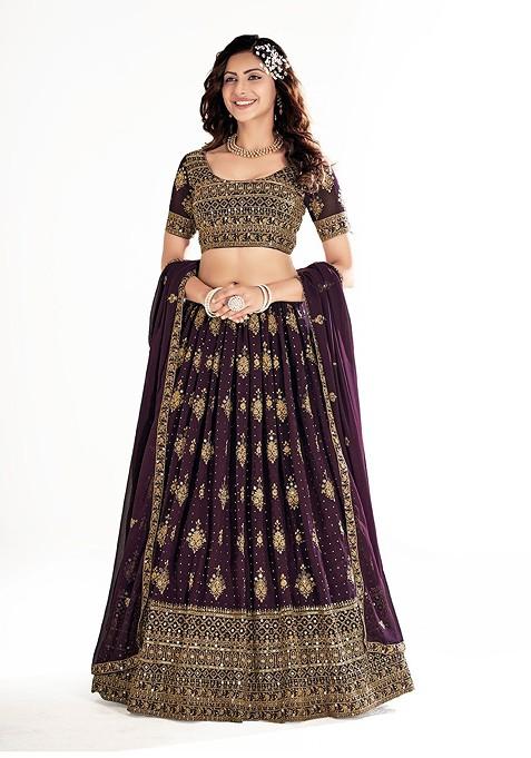 Purple Thread Embroidered Poly Blend Lehenga Set