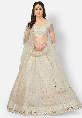 Off White Embroidered Poly Blend Lehenga Set