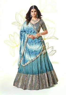 Turquoise Blue Sequin Embroidered Poly Blend Lehenga Set
