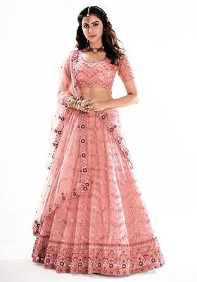 Pink Sequin Embroidered Poly Blend Lehenga Set